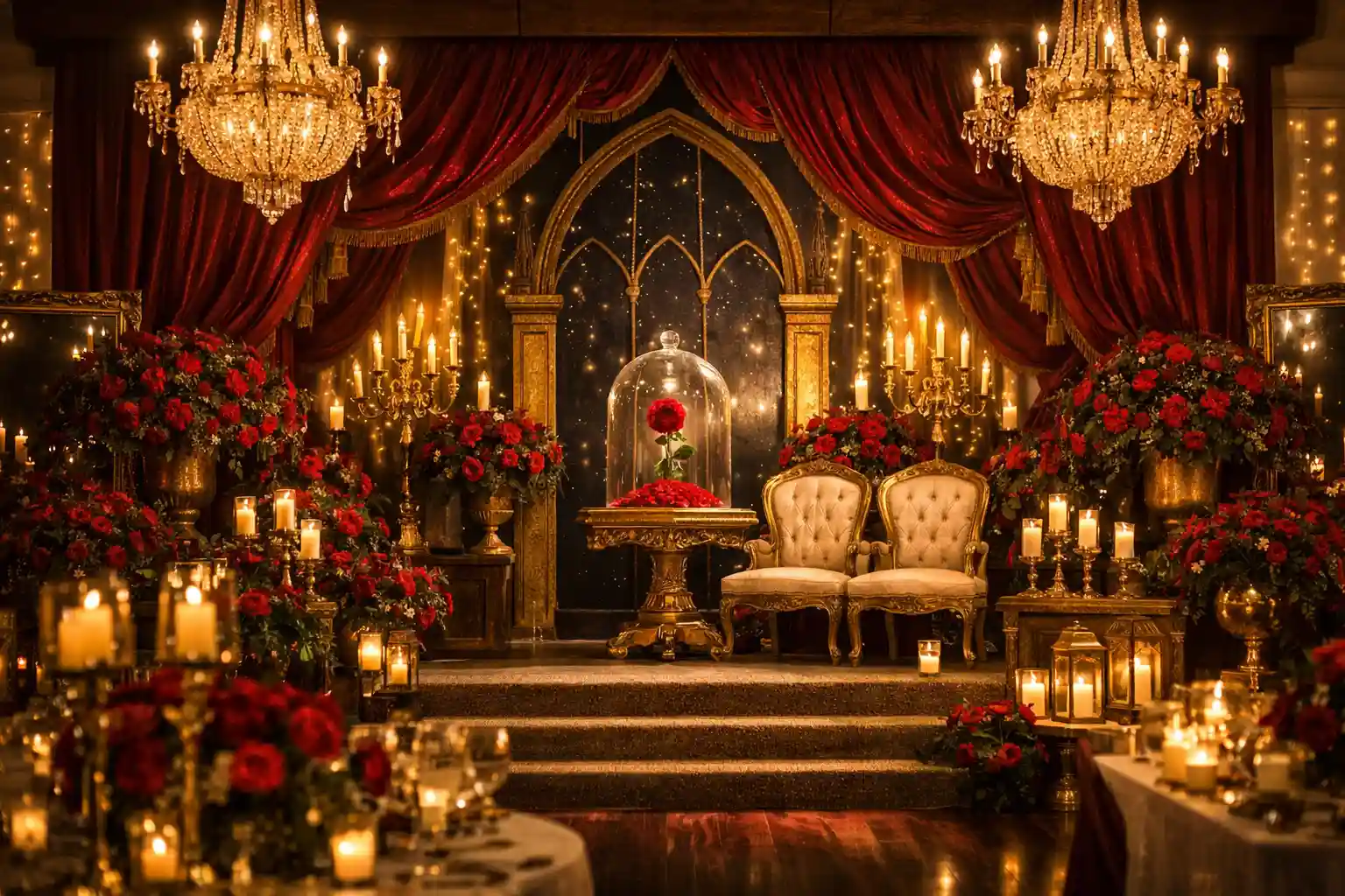 Luxury fairytale-inspired event backdrop in the UAE with red roses, chandeliers, candles, glass dome centerpiece, and elegant indoor stage decor.