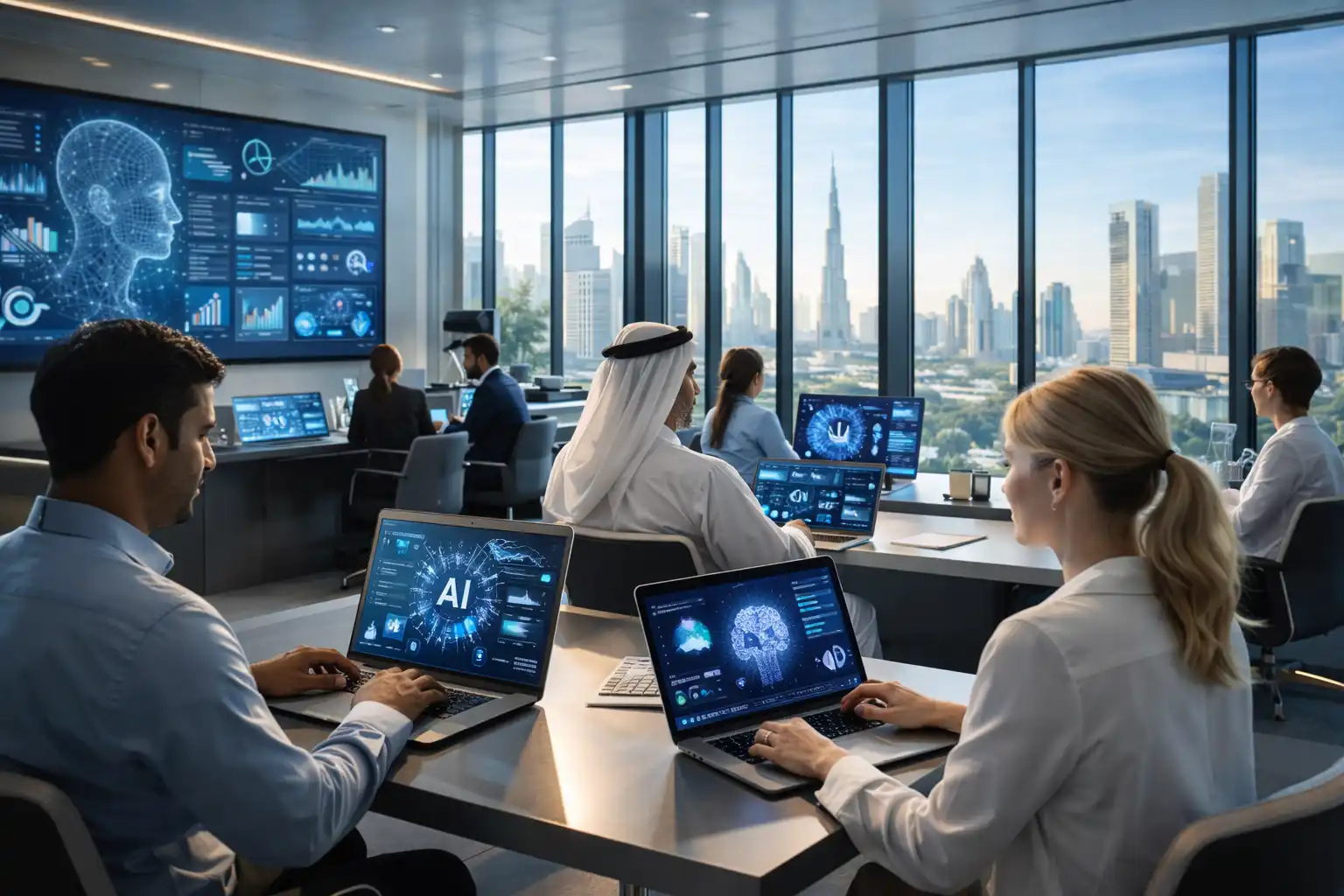 UAE professionals using AI technology in a modern office environment