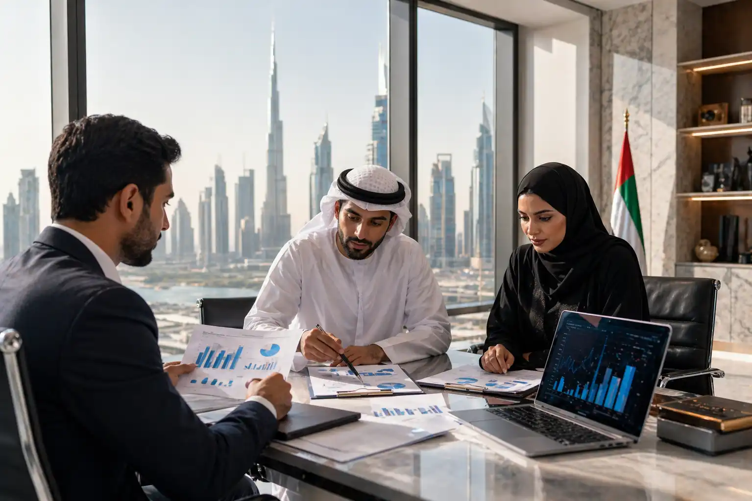 Audit firms in UAE reviewing financial documents in a professional office