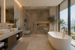 Modern renovated bathroom in Dubai with luxury tiles and fixtures