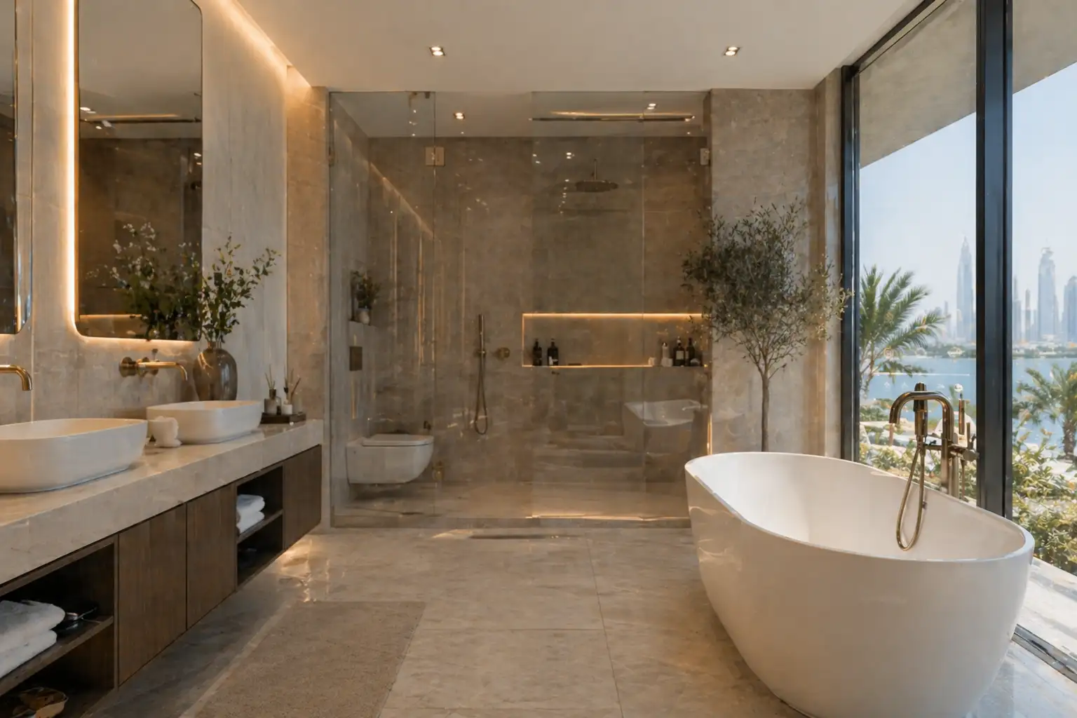 Modern renovated bathroom in Dubai with luxury tiles and fixtures