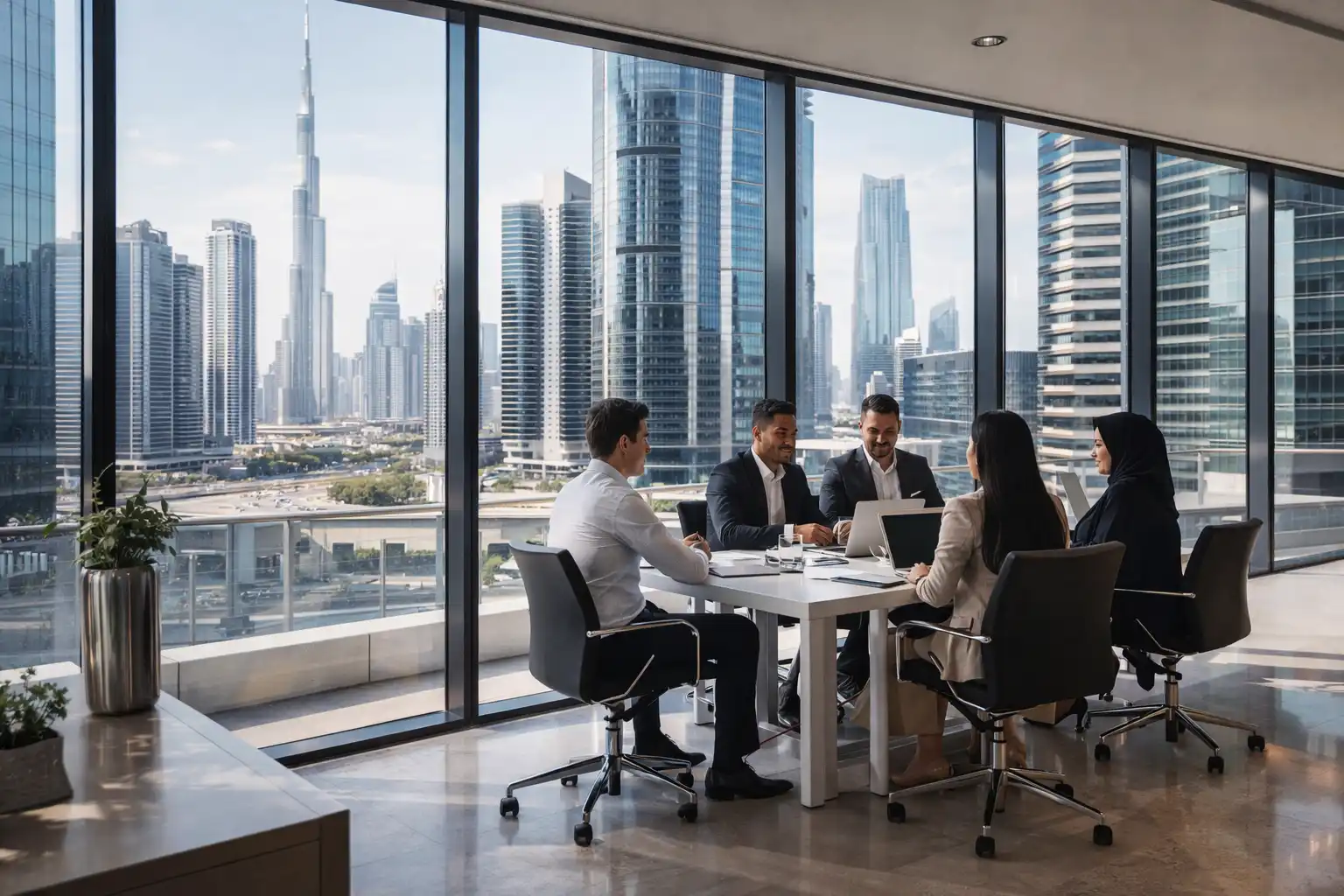 Modern UAE business district and office meeting scene representing free zone business setup for startups and SMEs