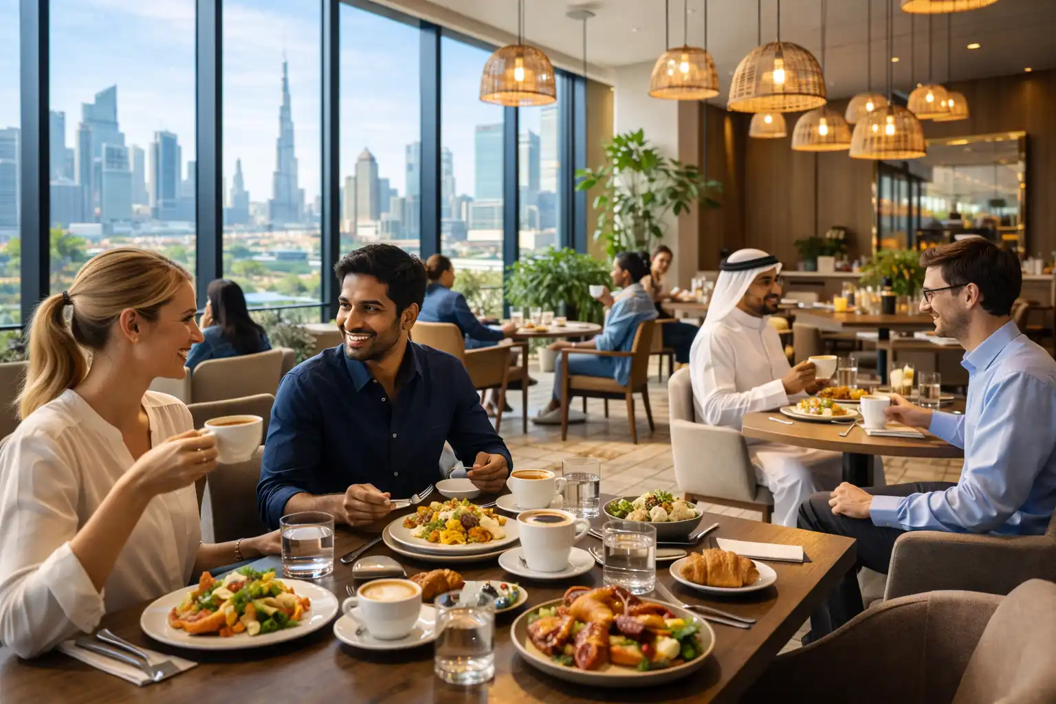 modern cafe interior in Dubai with people enjoying coffee