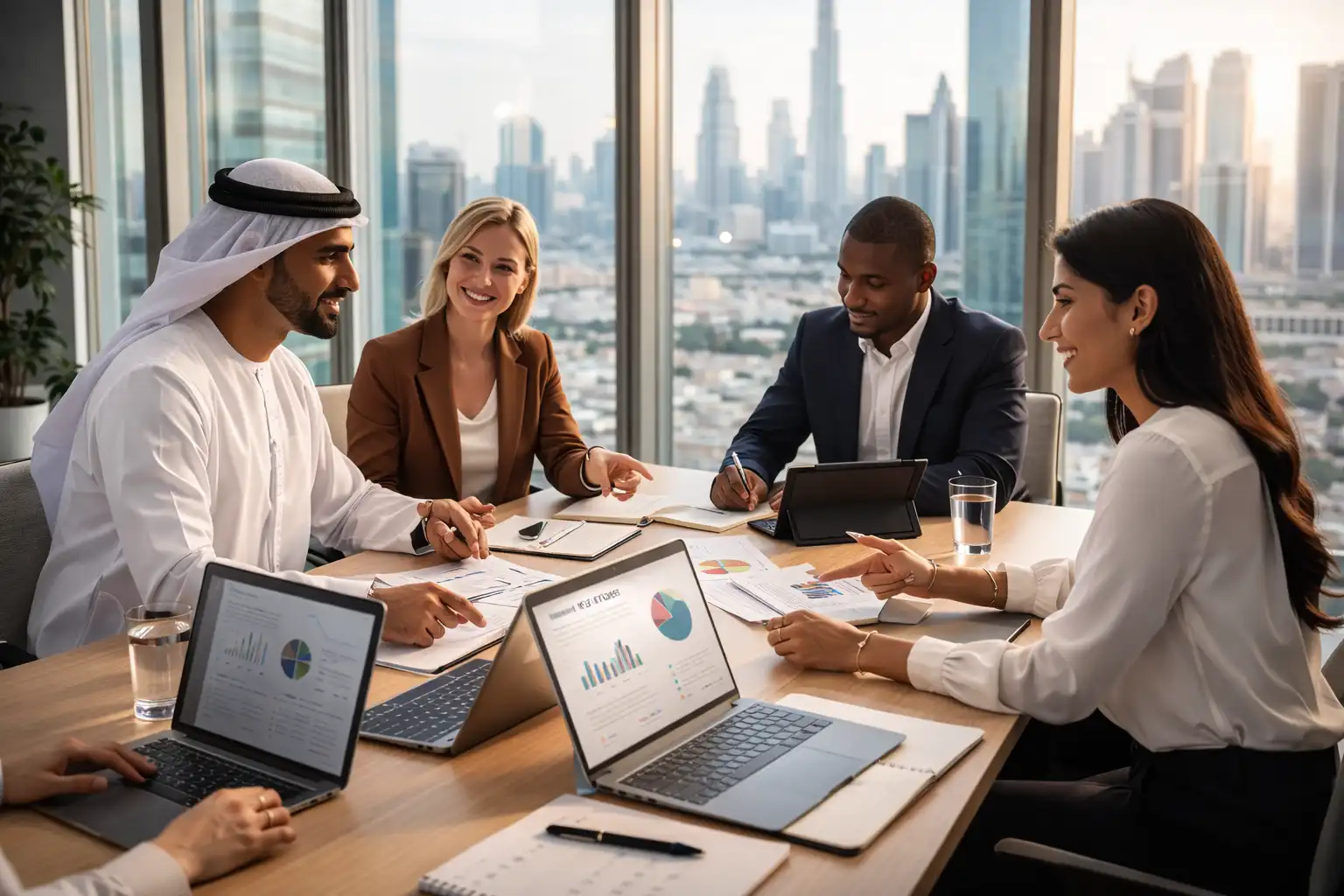 UAE business team discussing brand trust strategy in modern office