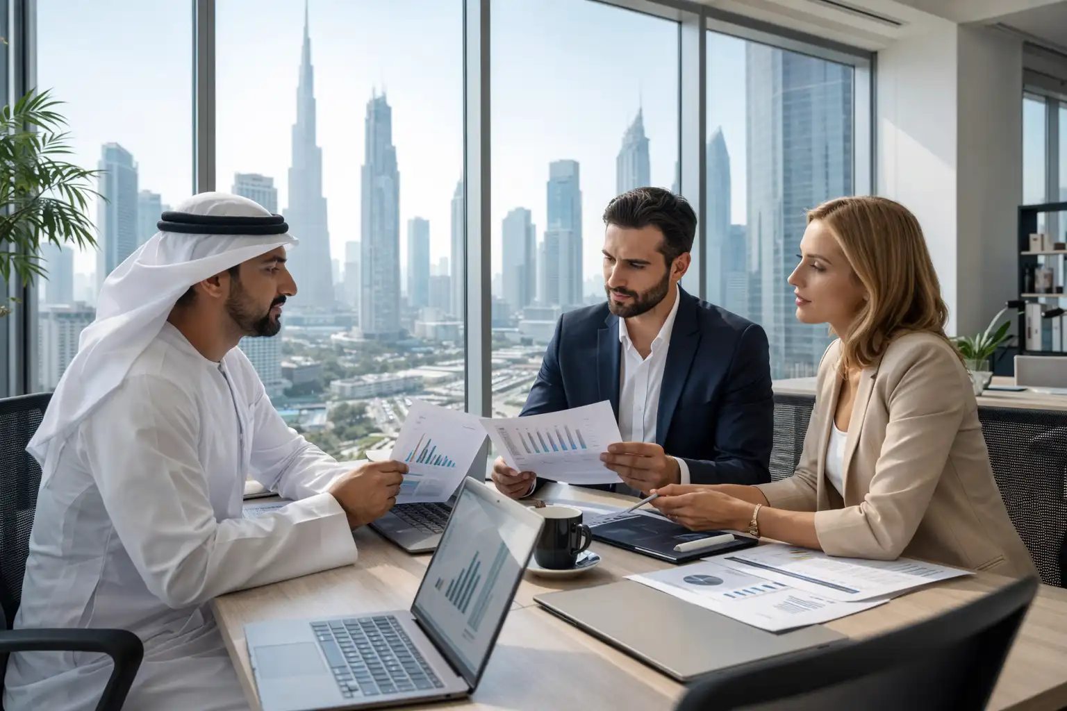 professionals discussing business setup in Dubai office with skyline view