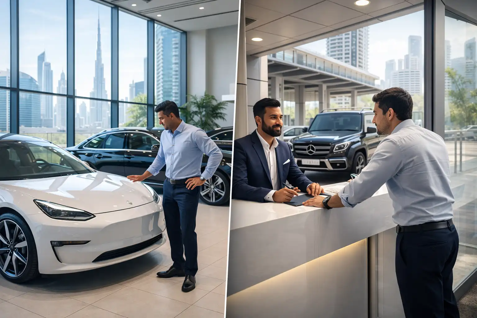 Person comparing buying a car and renting a car in Dubai showroom and rental office