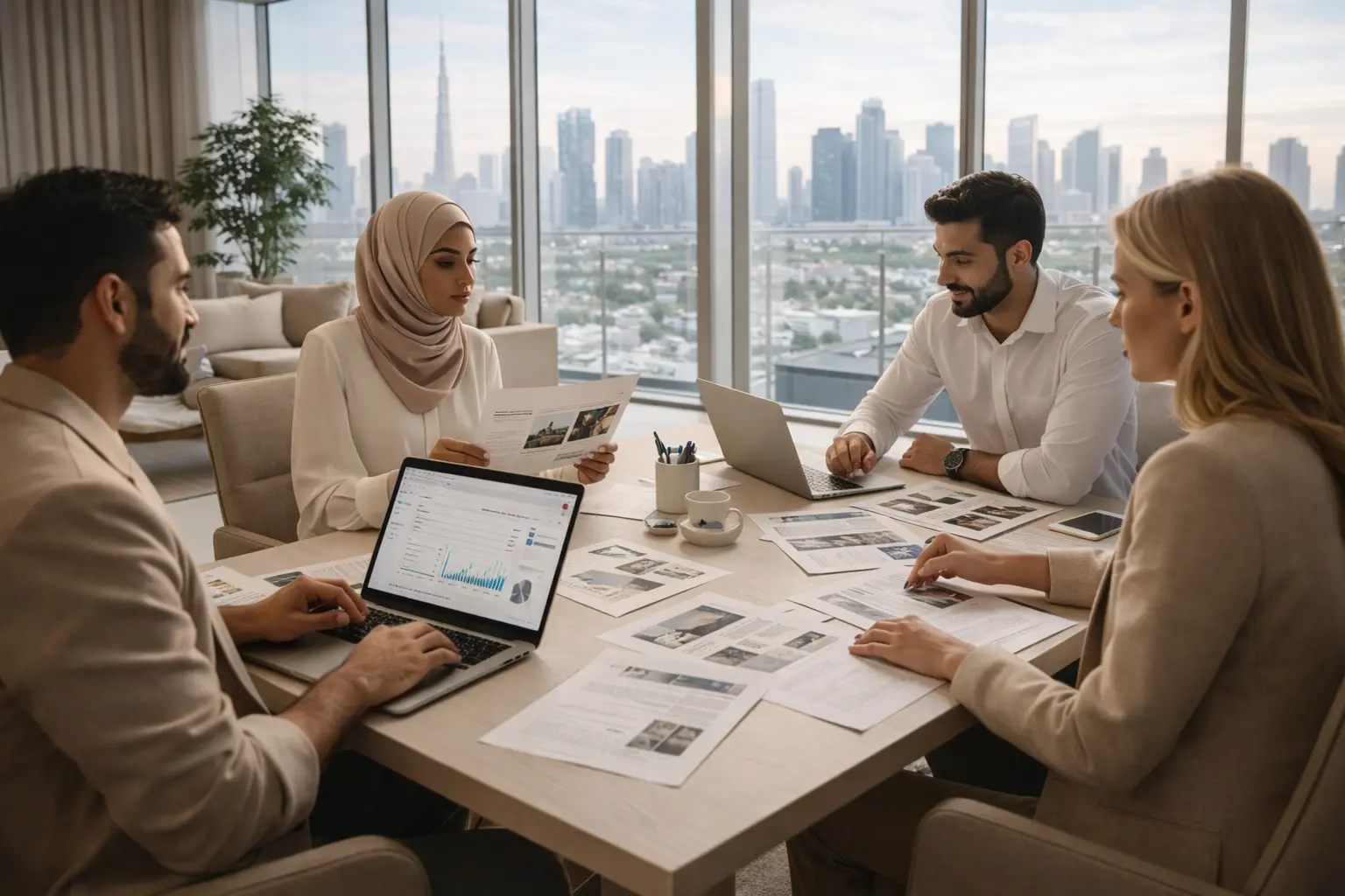 UAE marketing team working on content strategy in a premium office environment