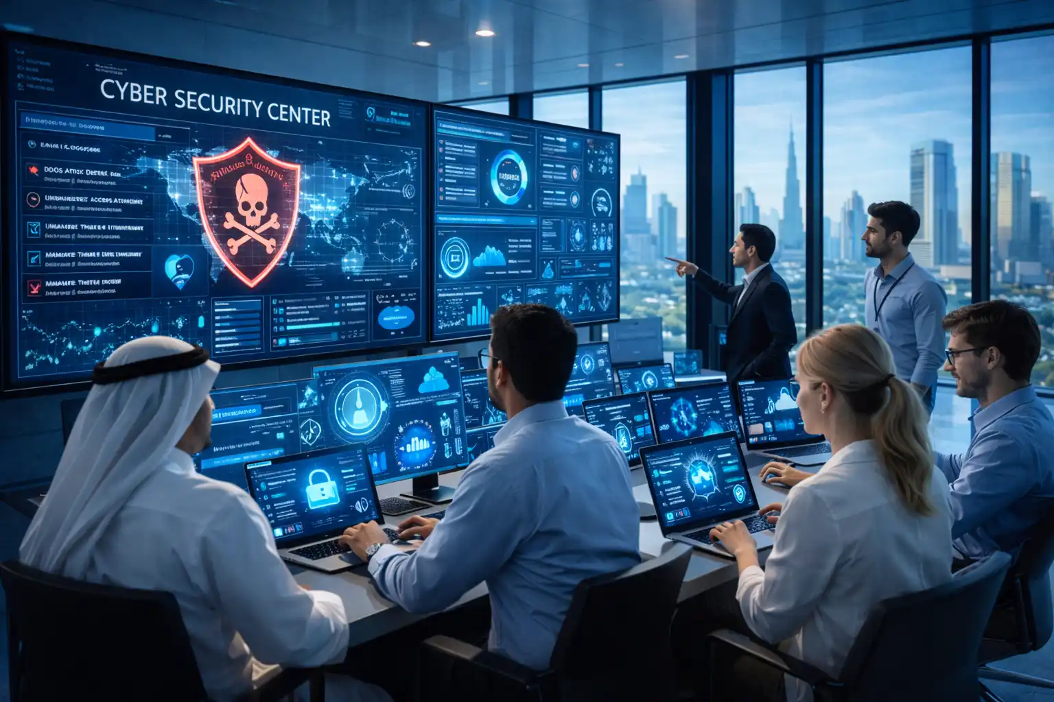 UAE professionals monitoring cybersecurity systems and data protection