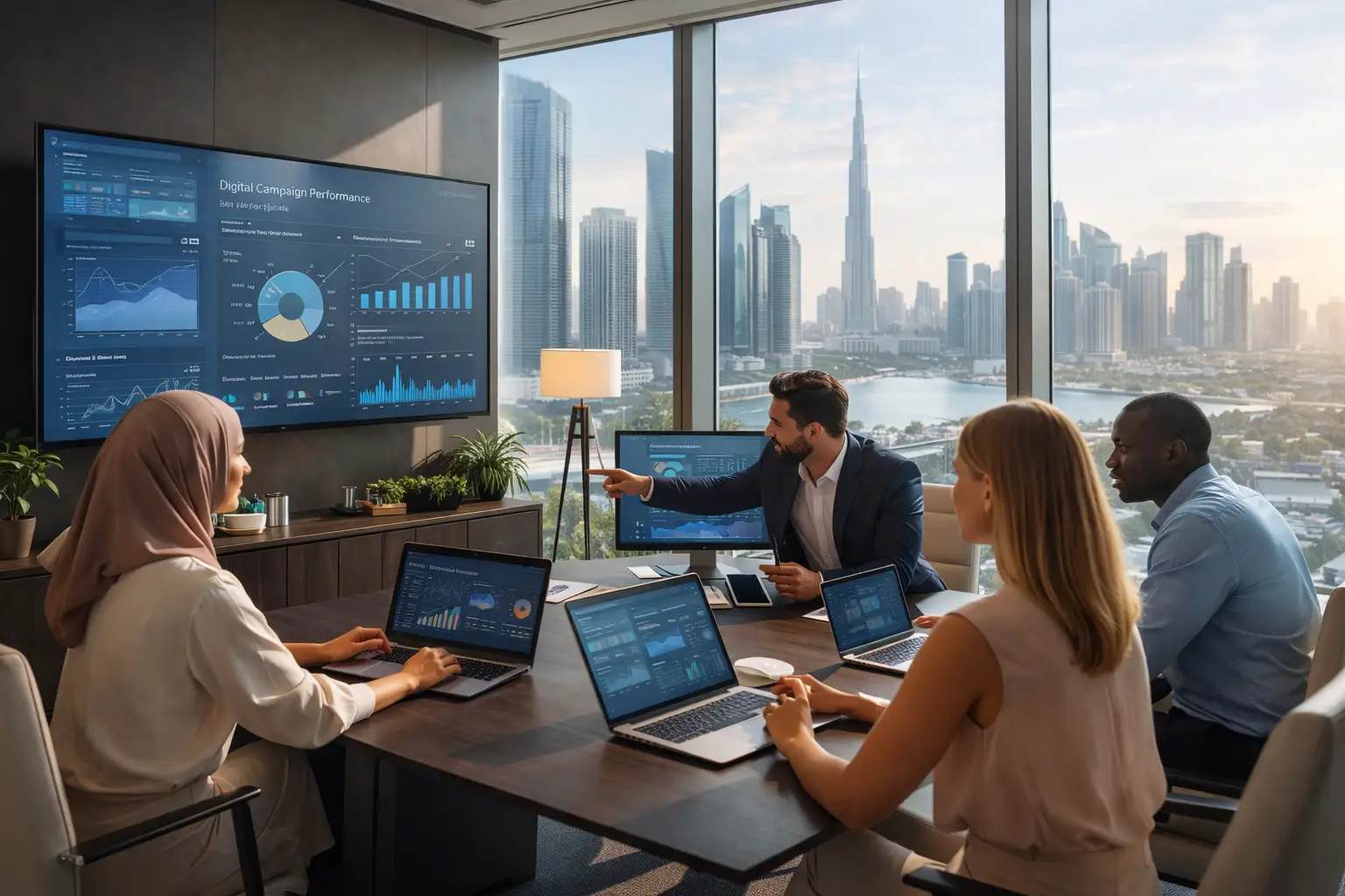 UAE business team working on digital marketing strategy in a modern Dubai office