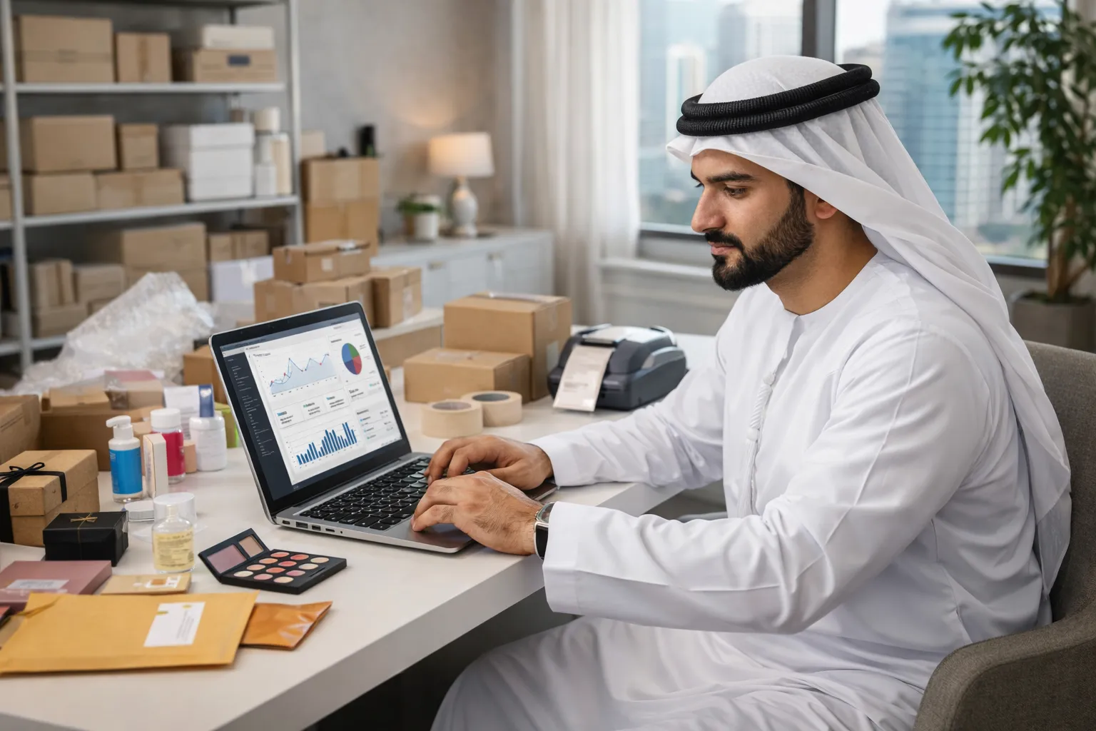 UAE entrepreneur managing dropshipping store on laptop with products