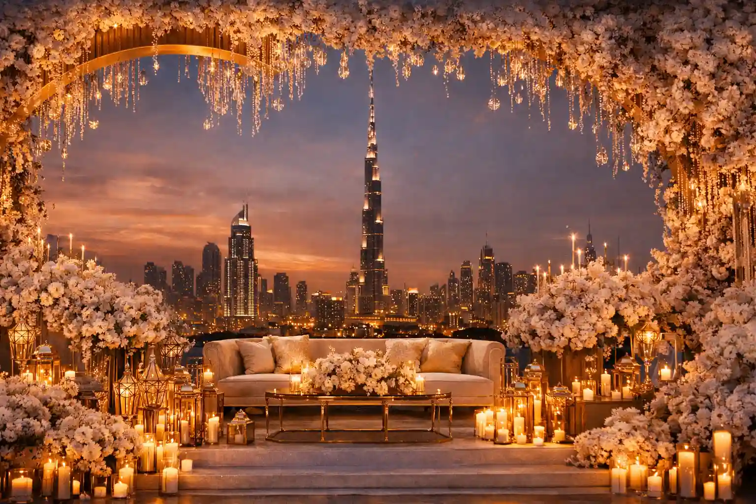 Luxury Dubai event setup with chandeliers, floral decor and Burj Khalifa skyline showcasing Dubai event trends 2026