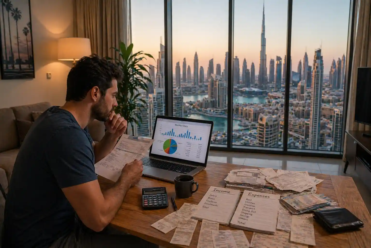 Dubai average income vs expenses showing salary and bills comparison