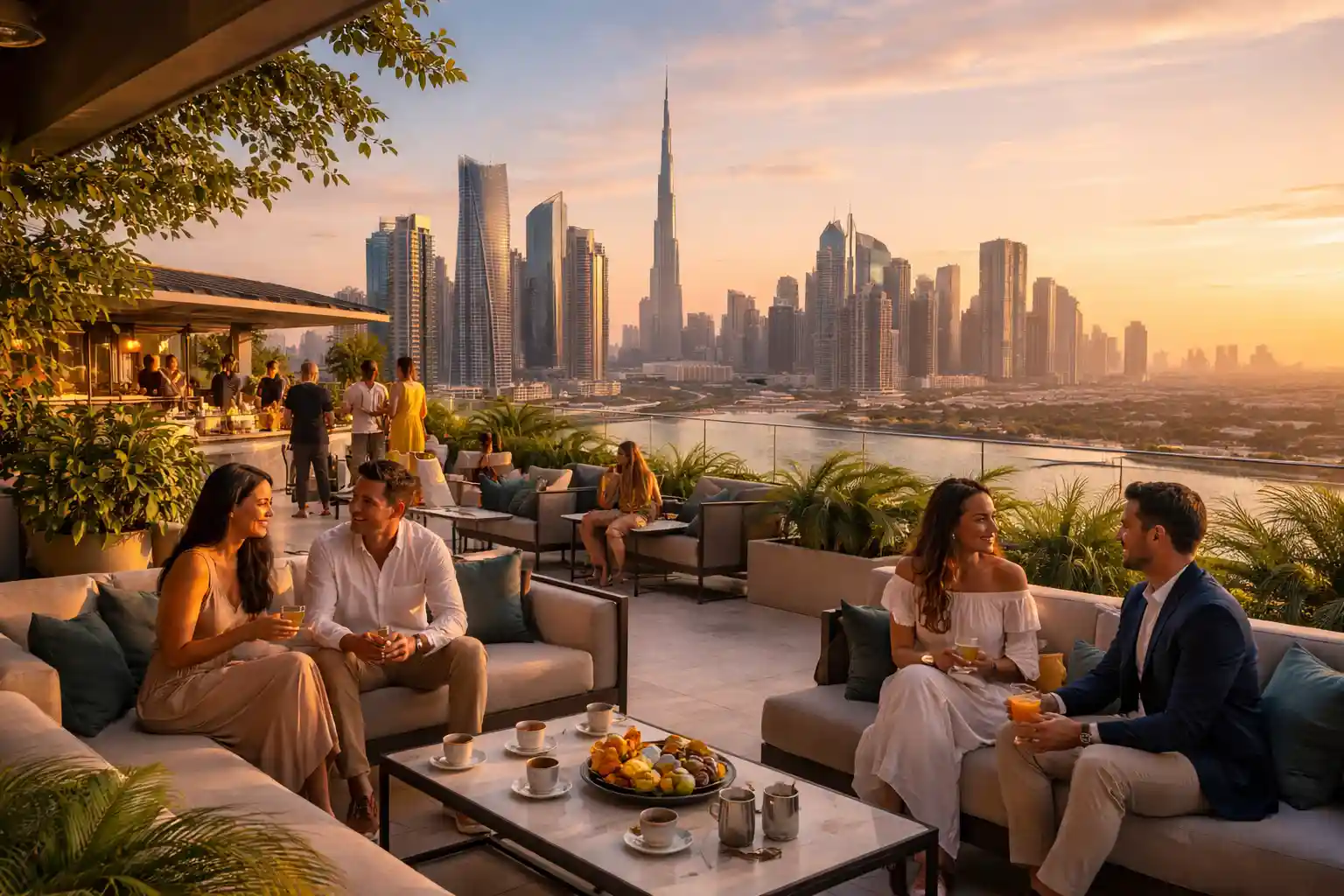 People enjoying a modern lifestyle in Dubai rooftop setting with skyline view
