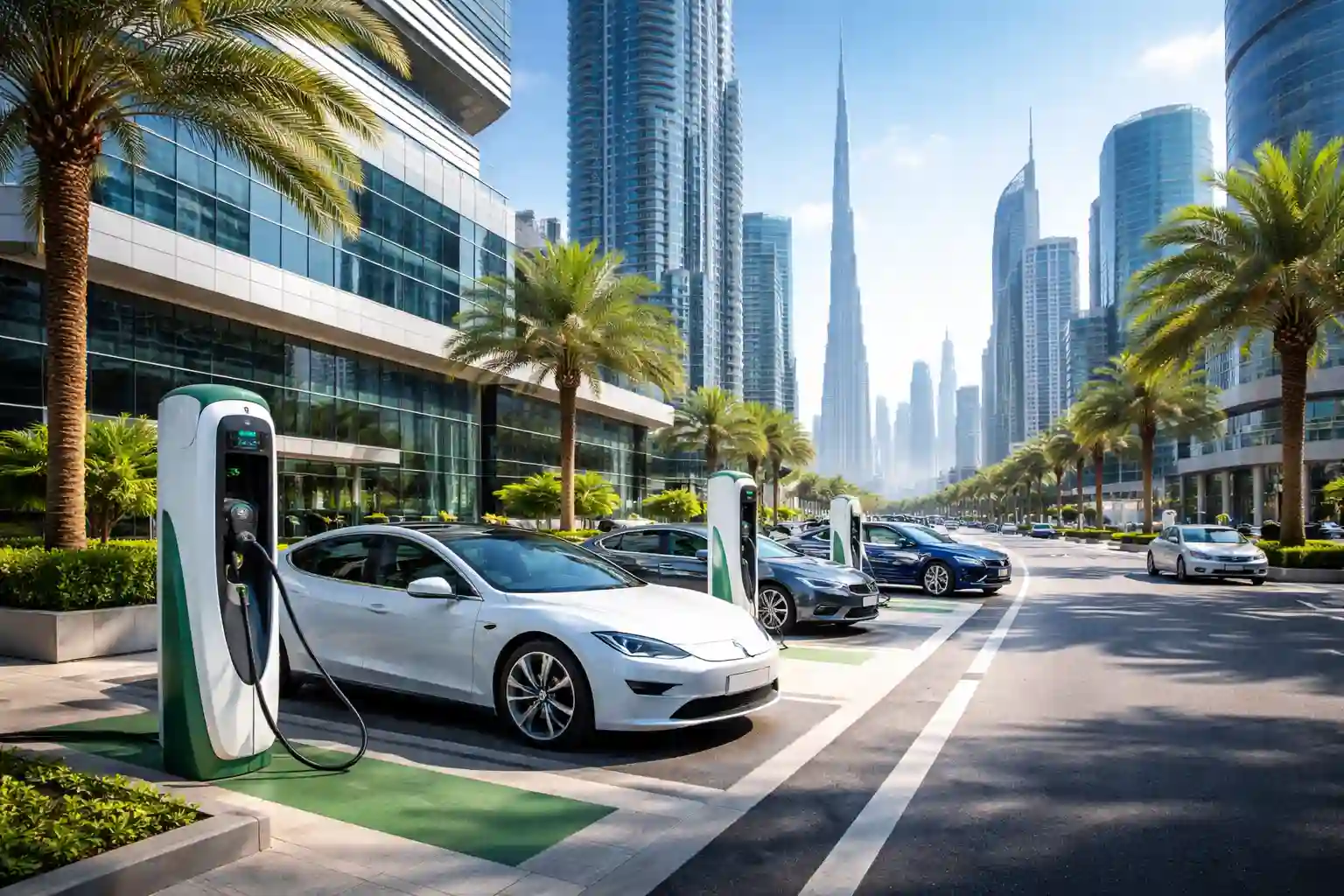 Electric cars charging at public stations in Dubai with modern skyline