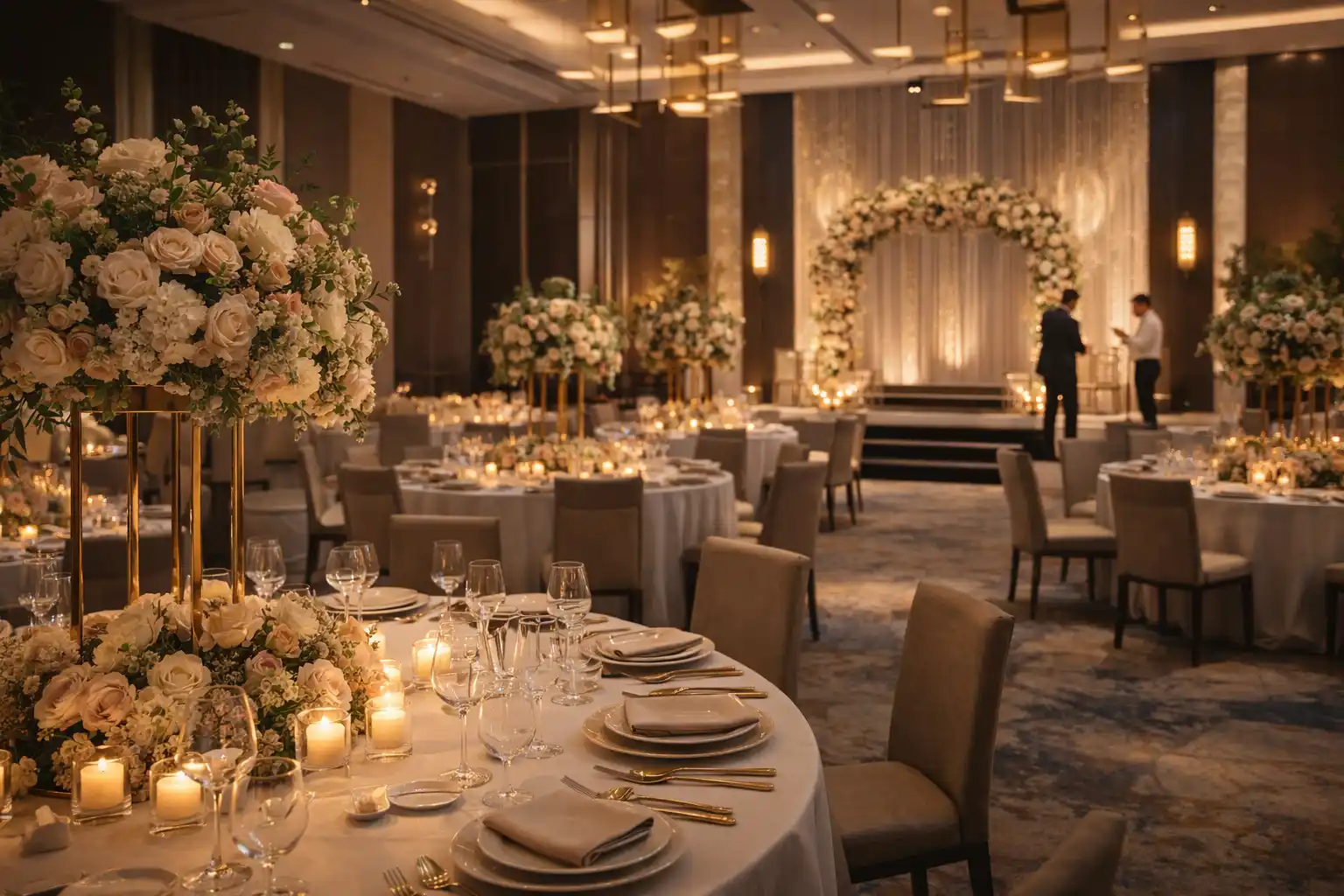 Luxury Dubai event venue with elegant decor and stylish table arrangements