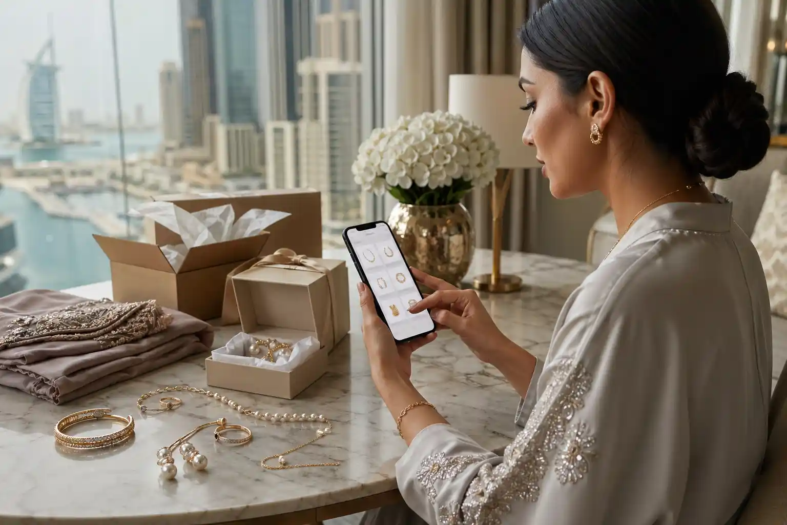 Elegant online fashion jewellery shopping scene in UAE with earrings, rings, bracelets, pearls, smartphone, and gift packaging