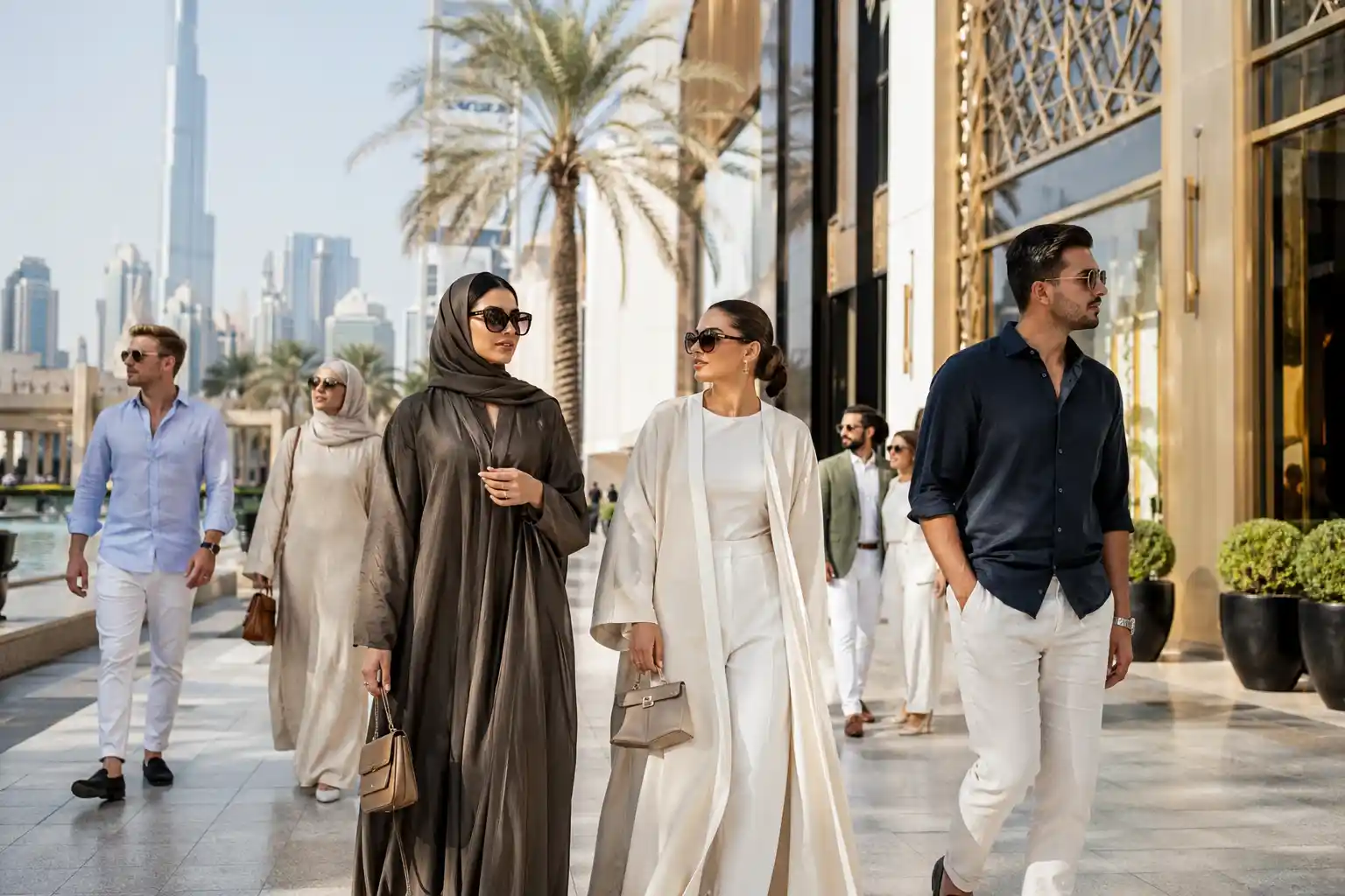 Stylish Dubai fashion scene showing modern UAE fashion trends, modest wear, luxury styling, and accessories