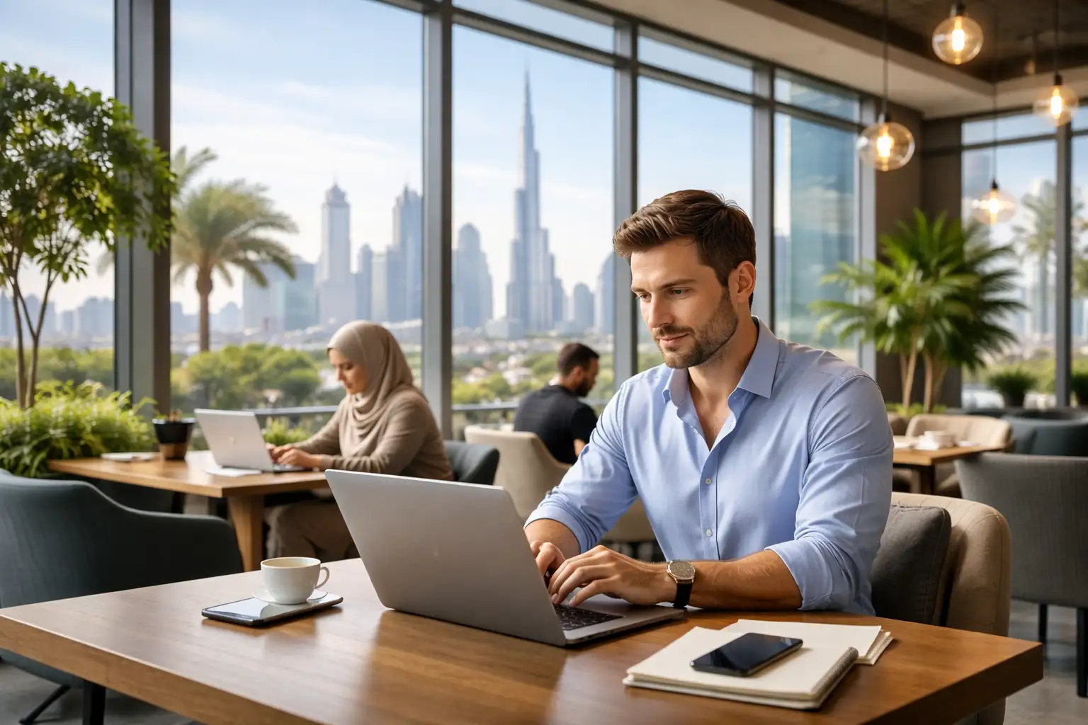 Freelancer working in a modern UAE workspace with city skyline