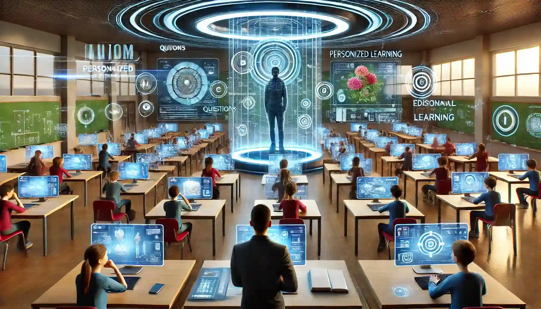 Students using advanced digital technology in a futuristic UAE classroom