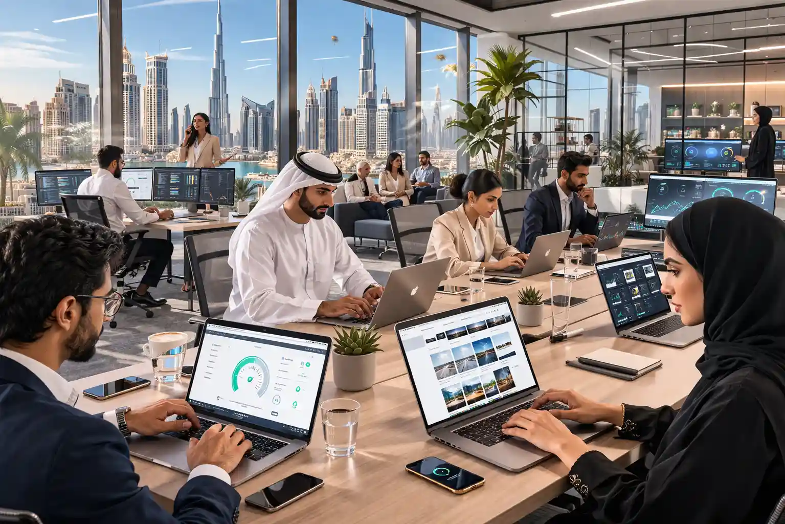 UAE professionals using fast high-performance websites in modern office