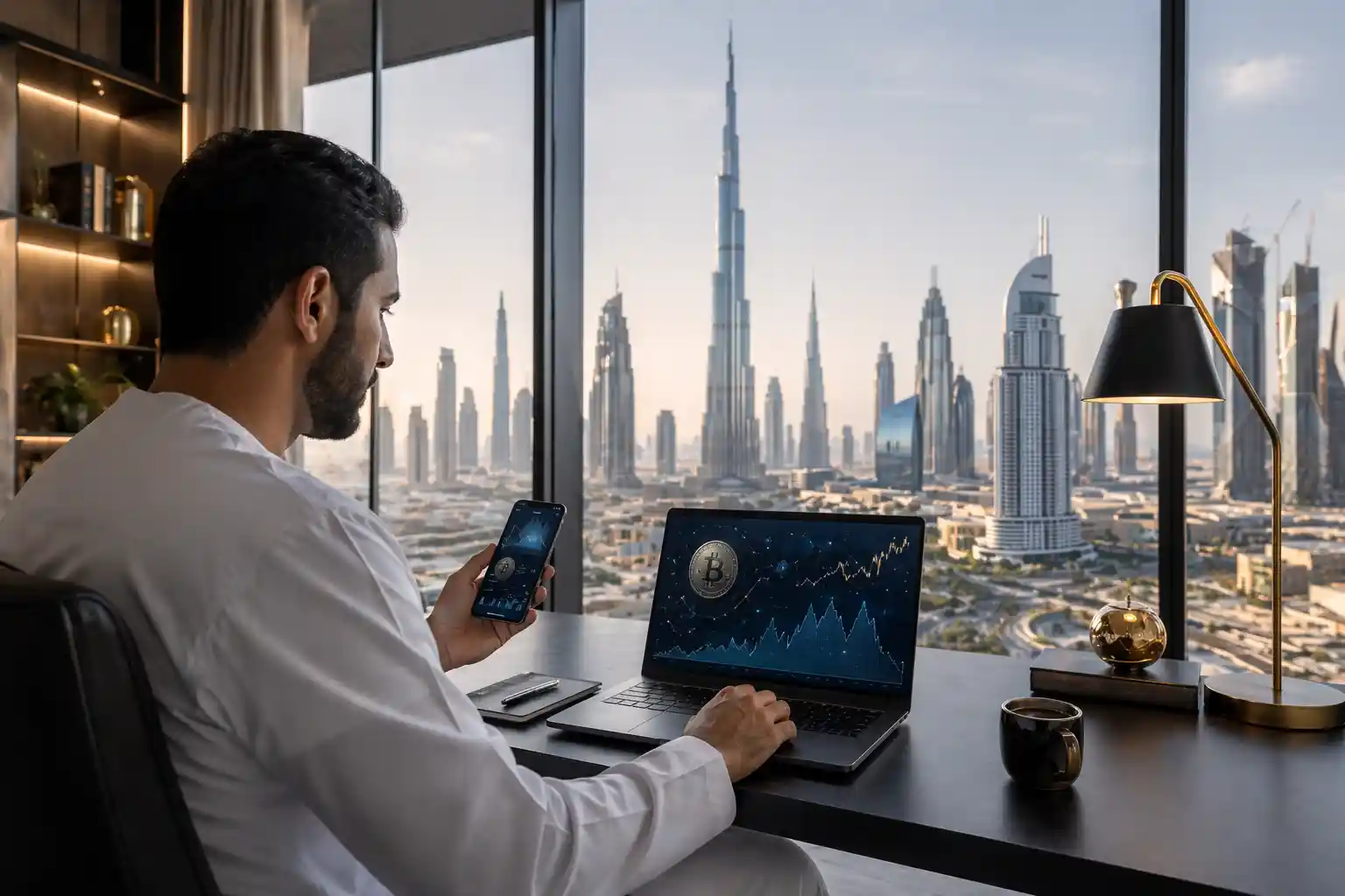 UAE-based beginner using a secure digital platform to buy Bitcoin in a modern fintech setting
