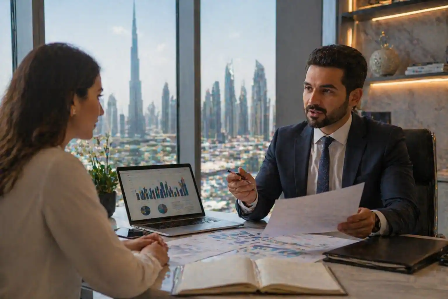 Investment advisor UAE consulting client with financial charts