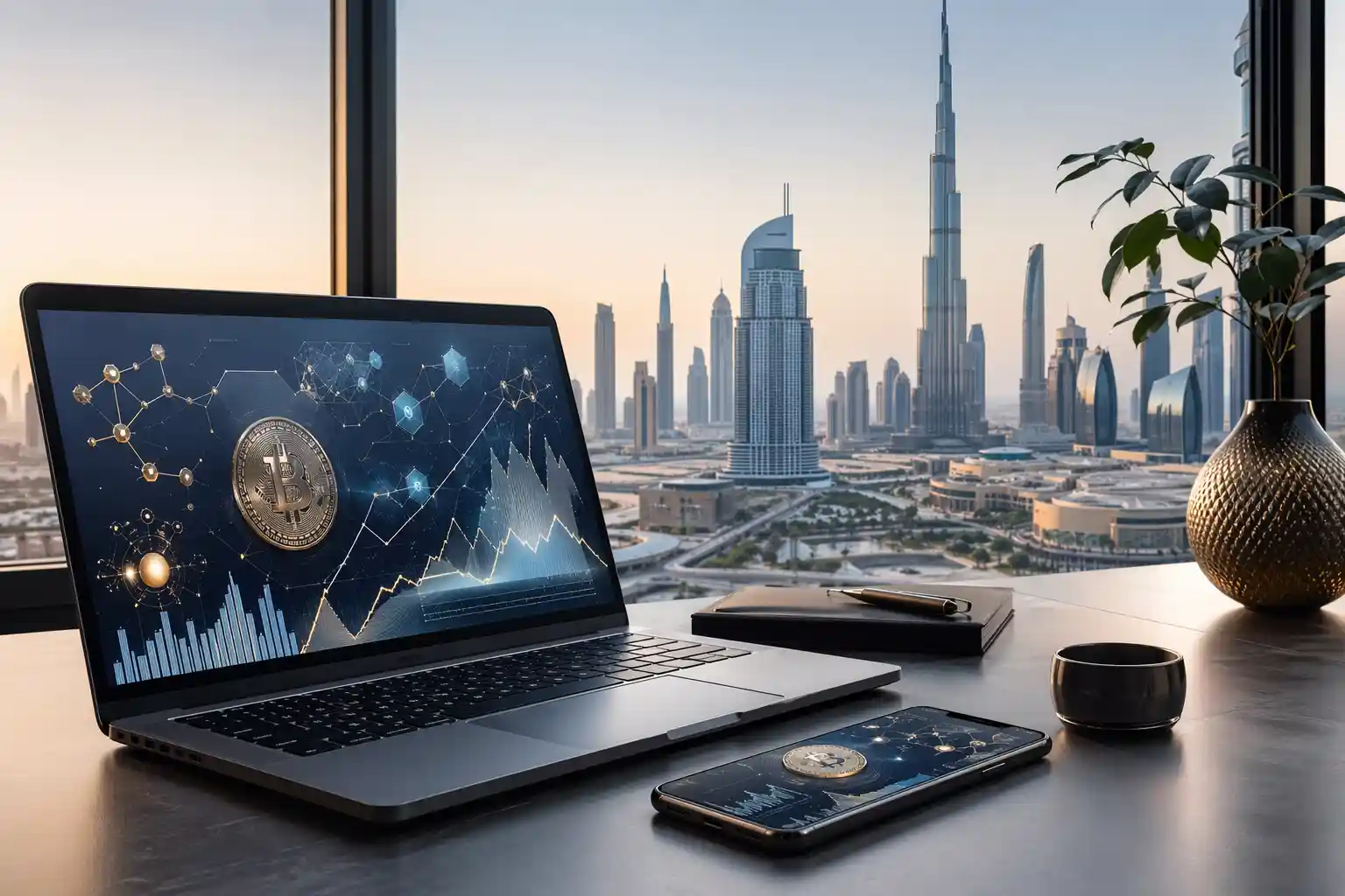 Modern UAE fintech scene representing cryptocurrency regulation and digital asset activity in Dubai