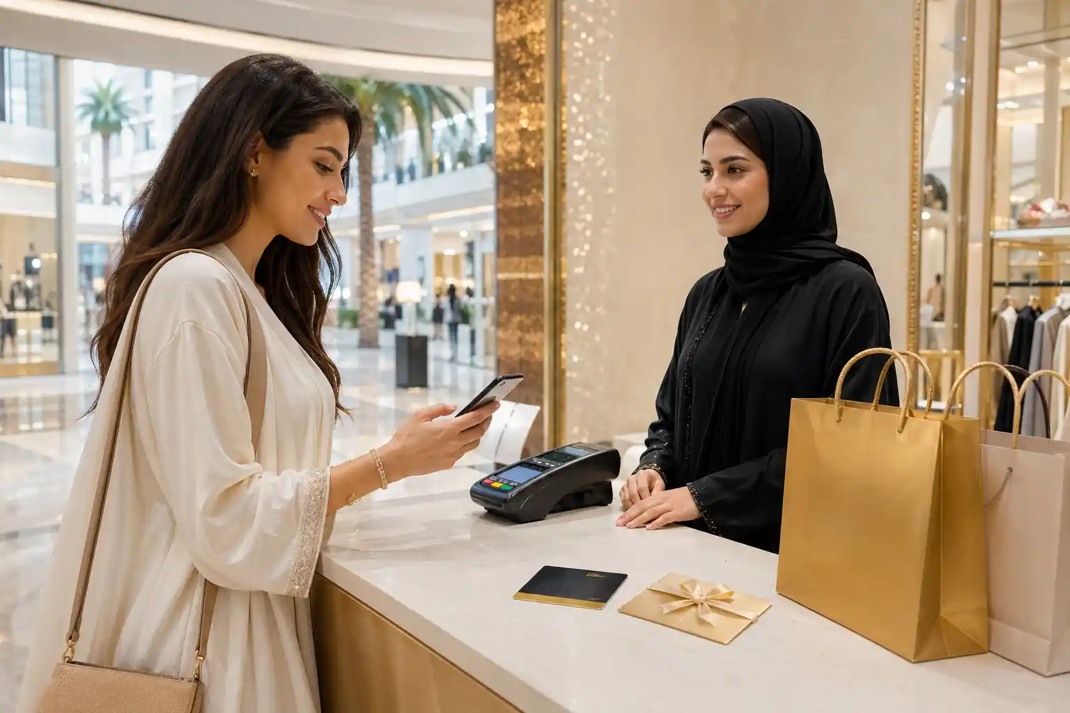 Modern UAE loyalty program scene with smartphone rewards app, retail counter, shopping bags, gift card, and digital payment