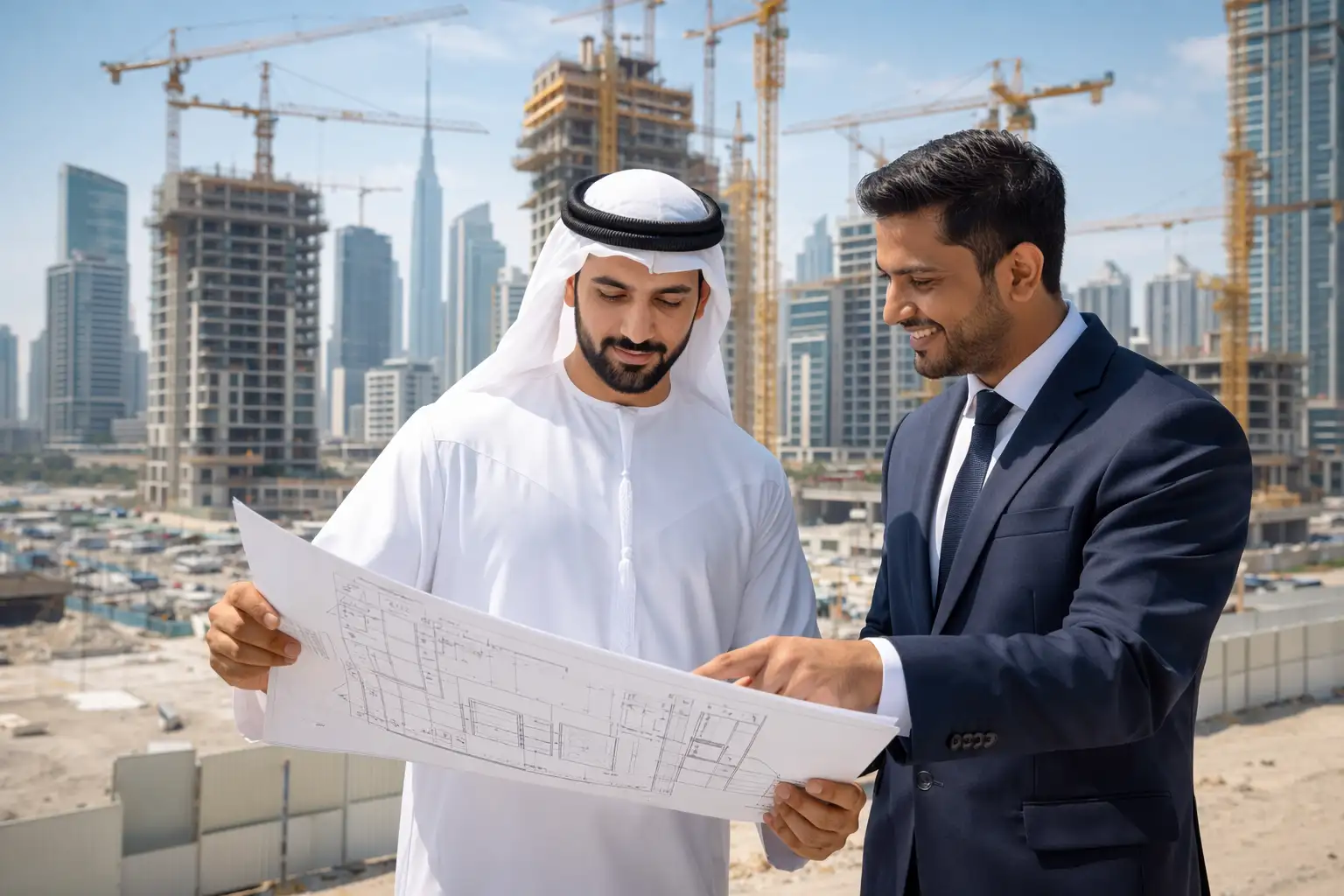 Off-plan property construction project in Dubai with buyer reviewing plans
