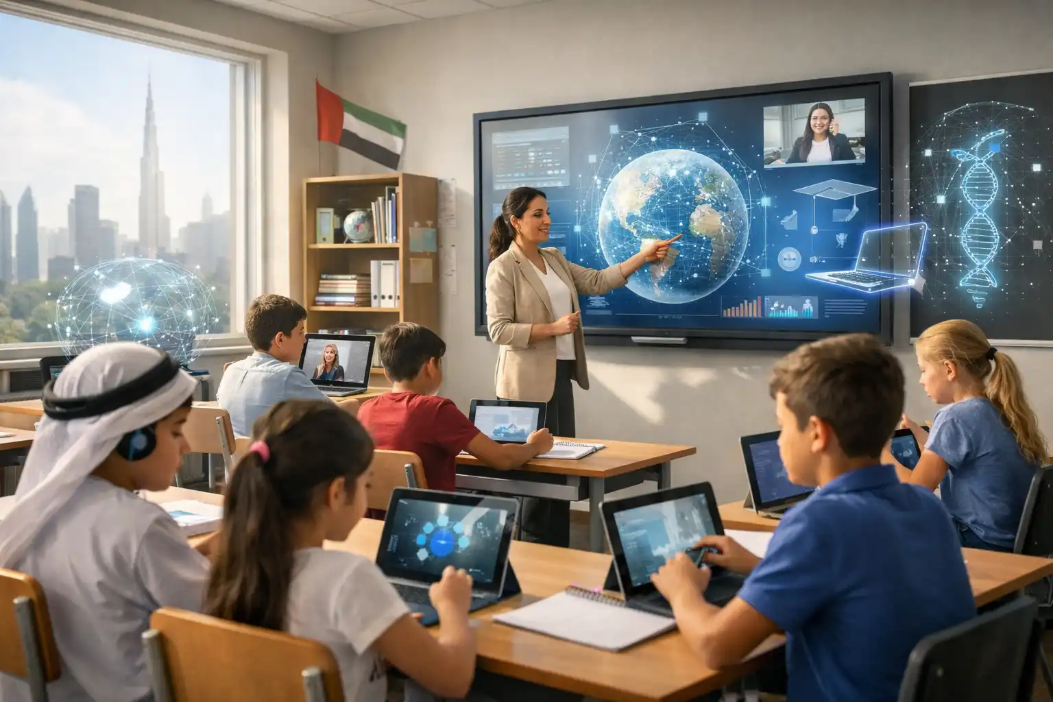 Students in UAE classroom using digital devices and online learning tools