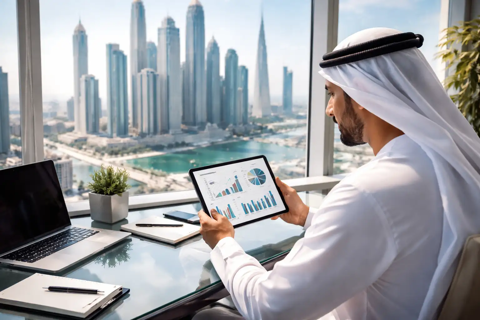 Investor analyzing UAE property market trends in Dubai skyline setting