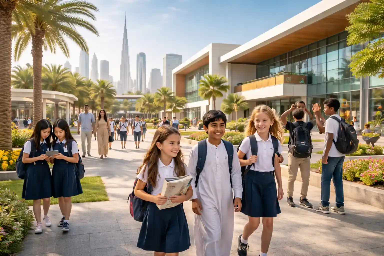 Students and parents at a modern Dubai school campus