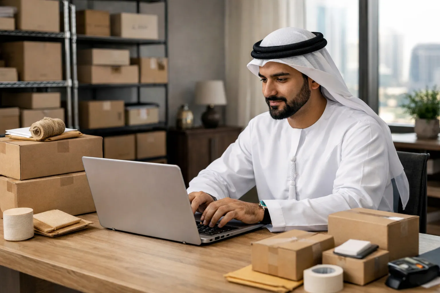UAE small business owner managing online store and shipping products