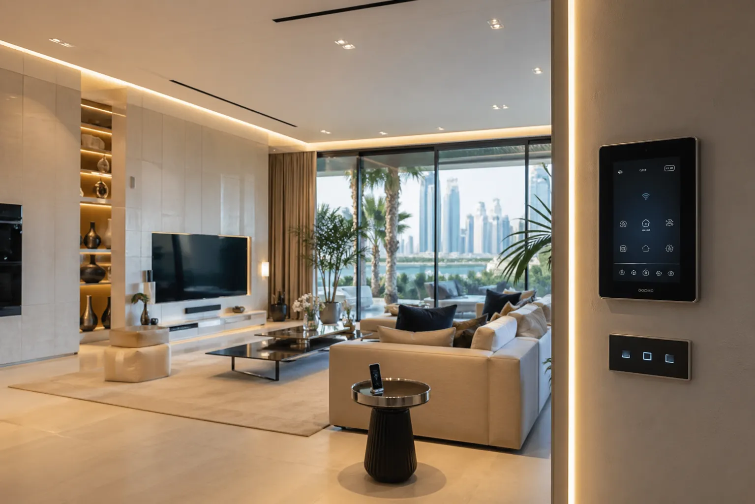 Modern smart home living room in UAE with automated lighting and control systems