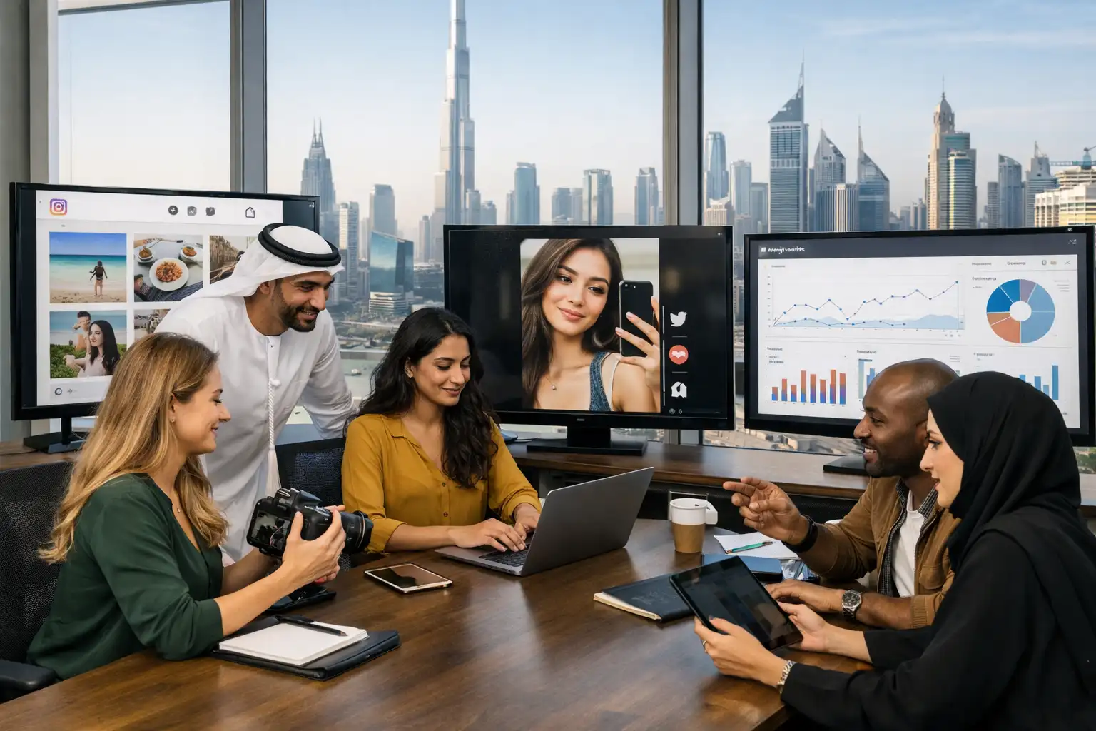 Marketing team managing social media campaigns in UAE office
