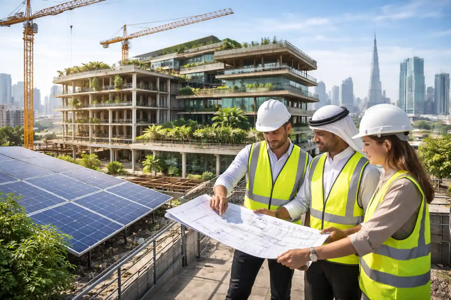 sustainable building project in the UAE with engineers and green design features