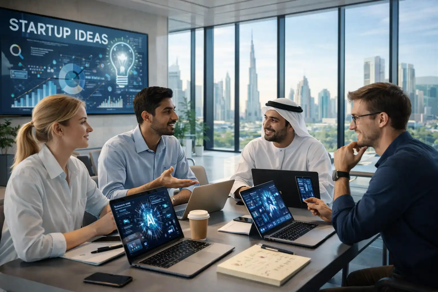 entrepreneurs working in a UAE tech startup office