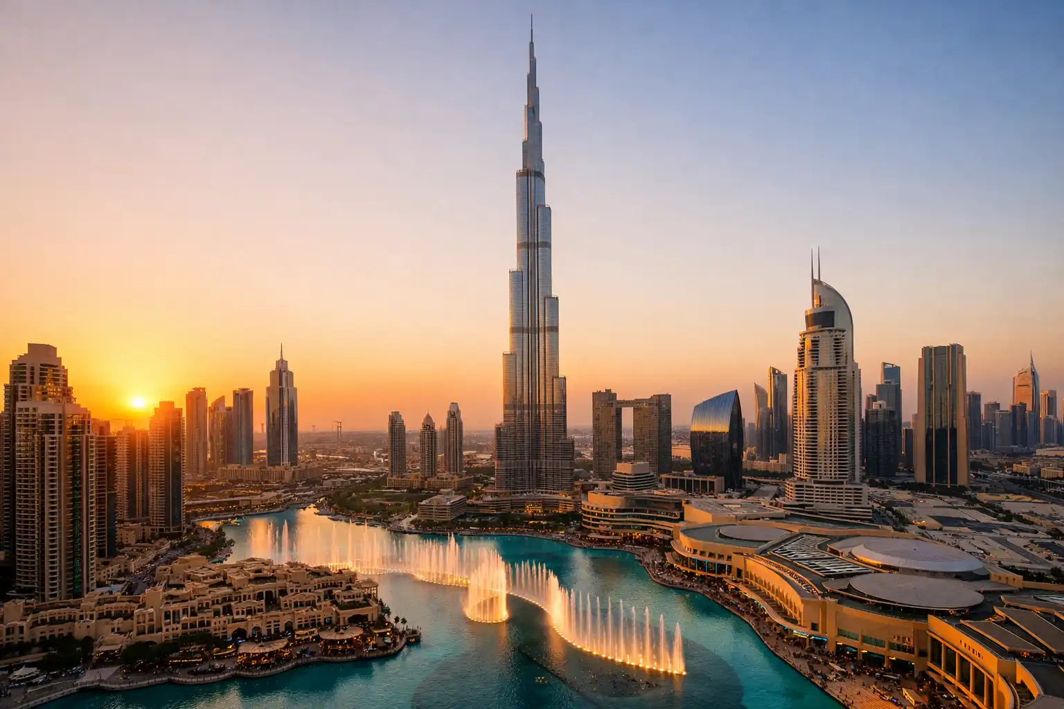 Dubai skyline with Burj Khalifa and modern city attractions at sunset