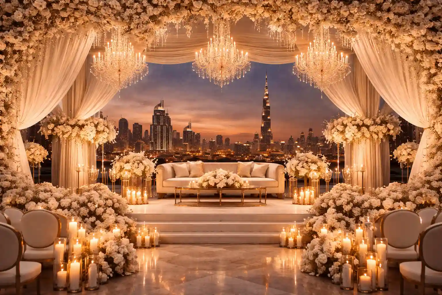 Luxury wedding decor setup in Dubai with floral arrangements chandeliers candles and elegant stage styling for 2026 wedding trends