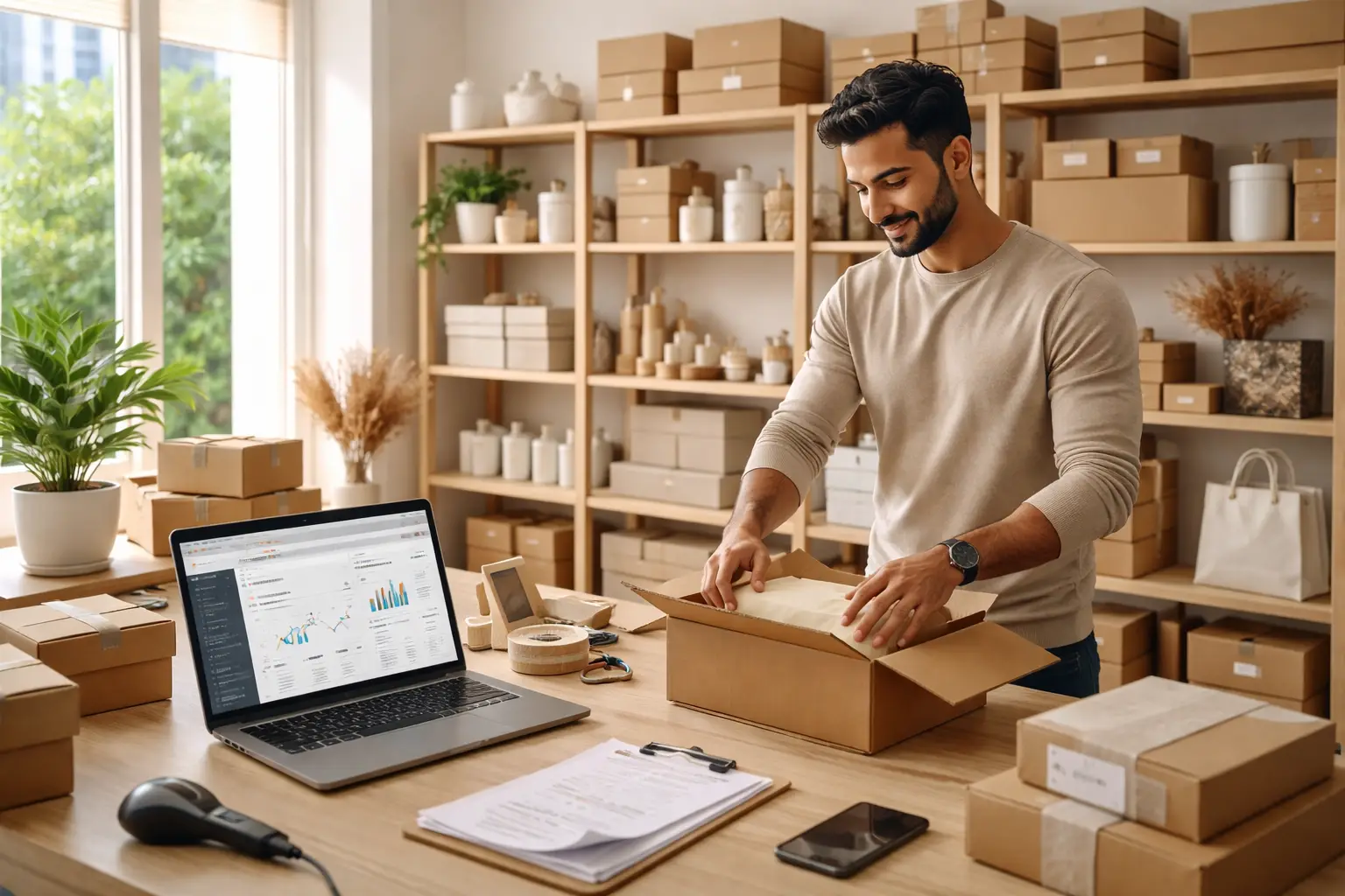 Small business owner in UAE packing e-commerce orders in a modern workspace