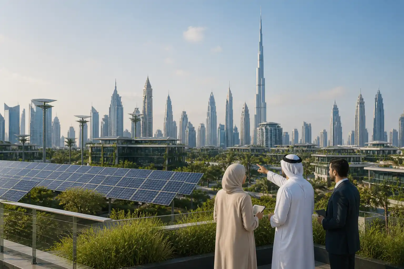 Dubai skyline with sustainable buildings and green initiatives representing eco-friendly business practices in UAE