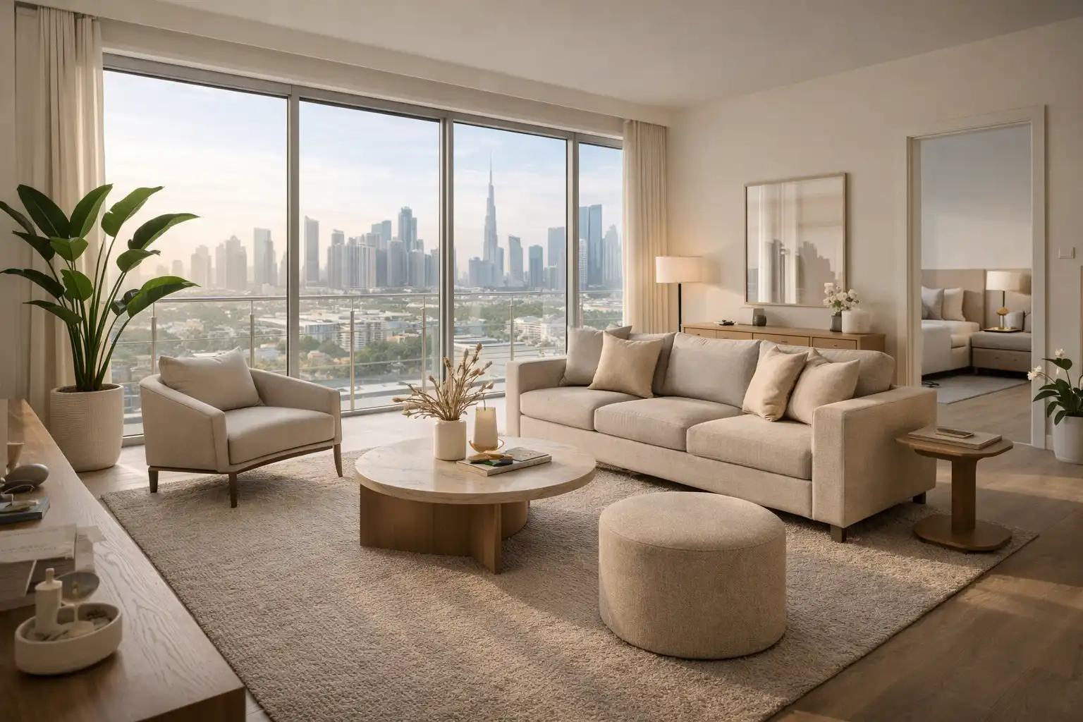 Modern UAE apartment interior with neutral tones and elegant furniture