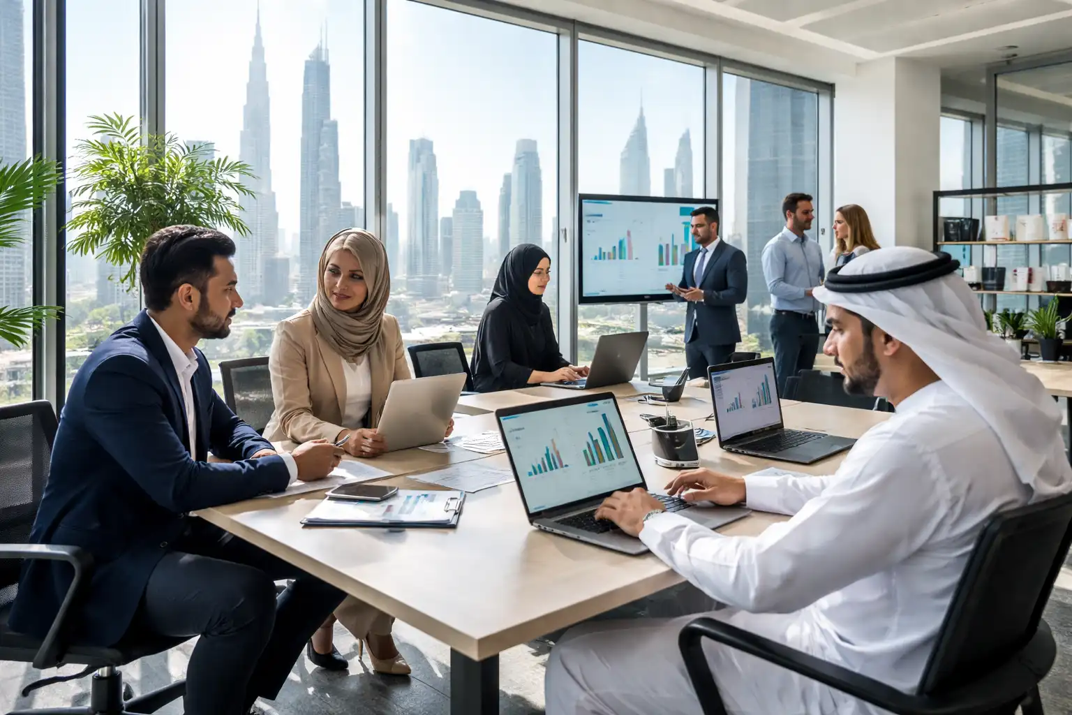 UAE small business team working in modern office adapting to digital transformation