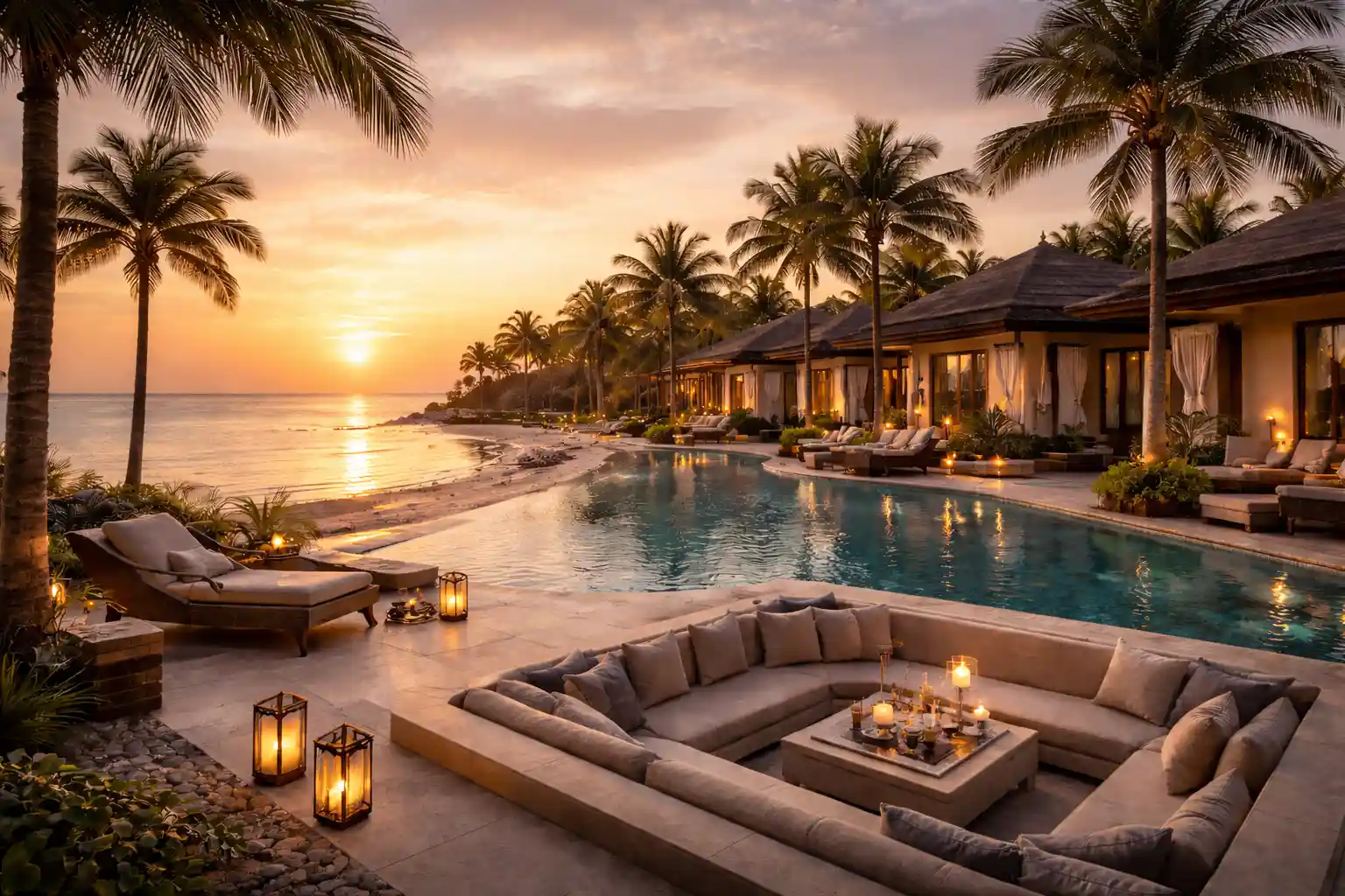 Luxury UAE resort with beachfront villas and sunset view