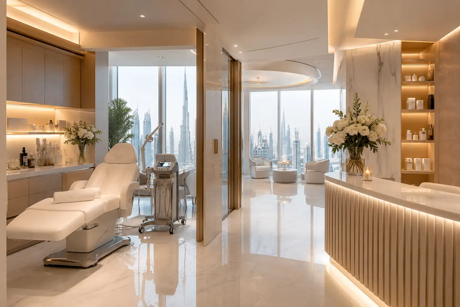 Luxury beauty clinic interior with modern skincare treatment facilities in Dubai