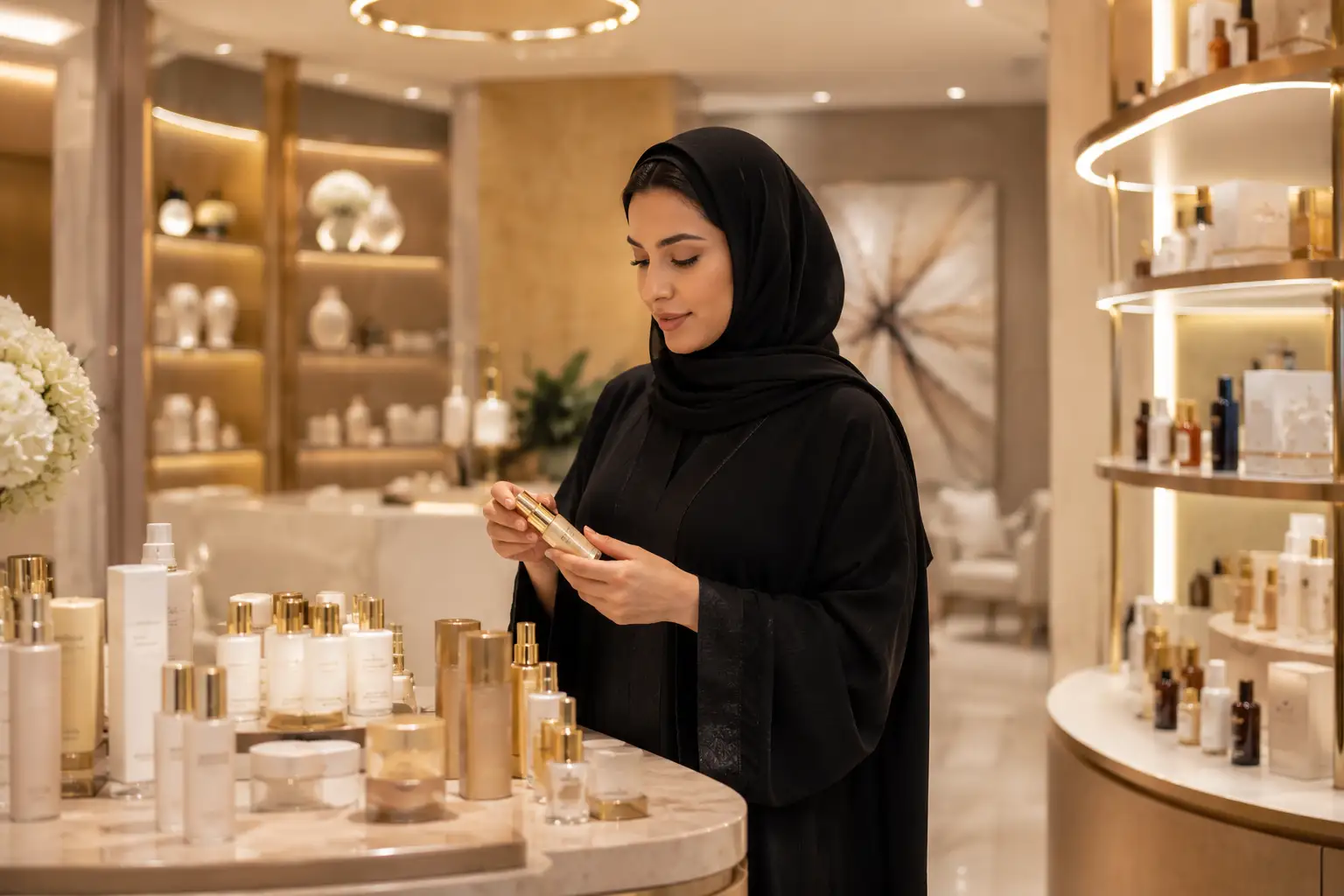 Luxury beauty and skincare products displayed in a premium Dubai beauty retail environment