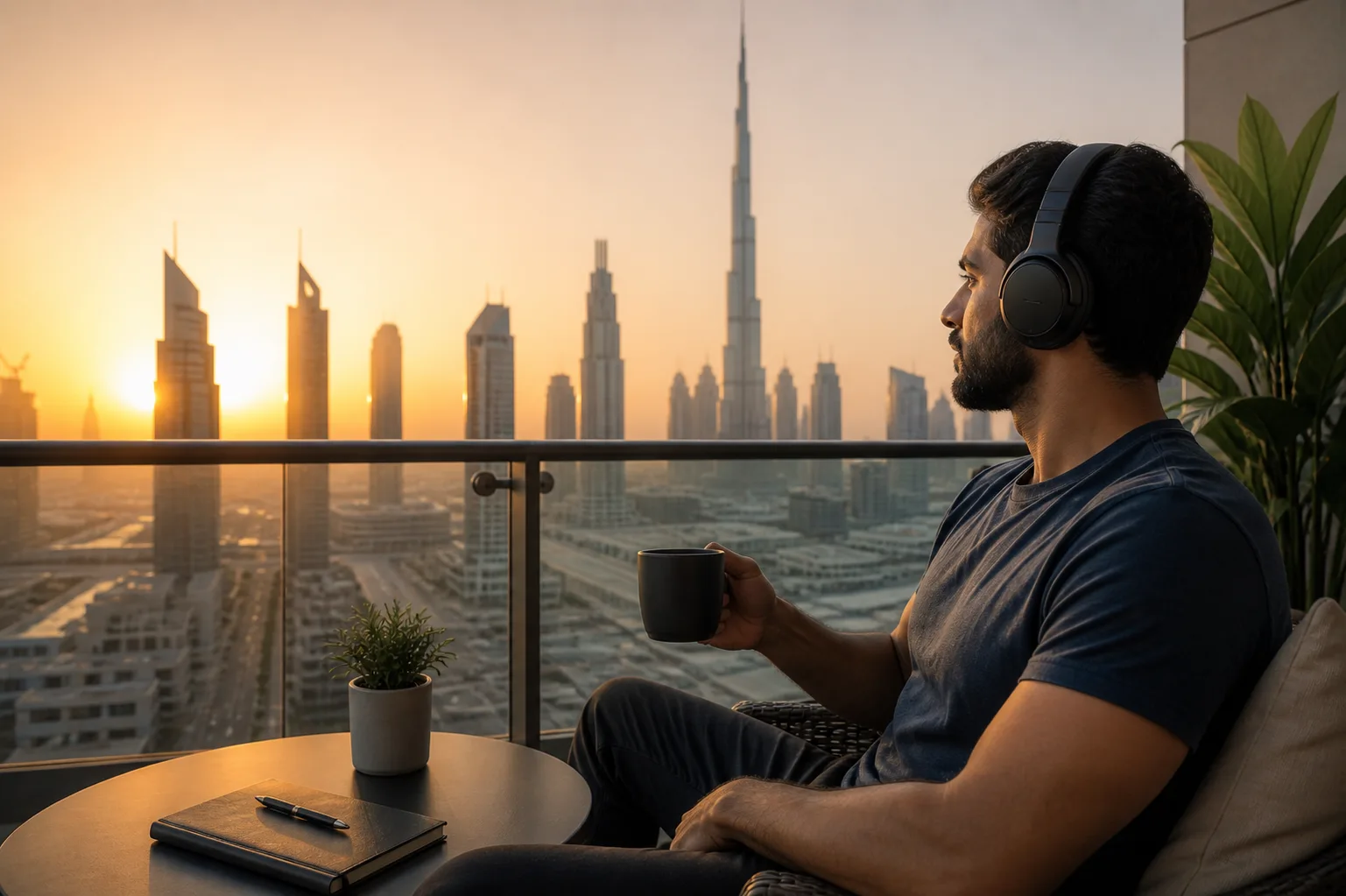 Person listening to inspirational podcast with headphones in a calm morning setting