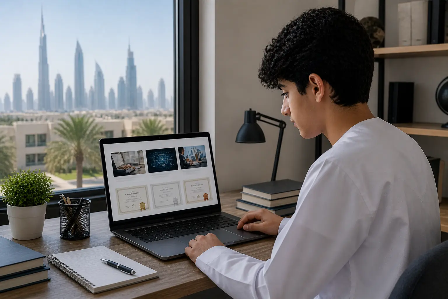 Student browsing certified online courses on laptop in UAE