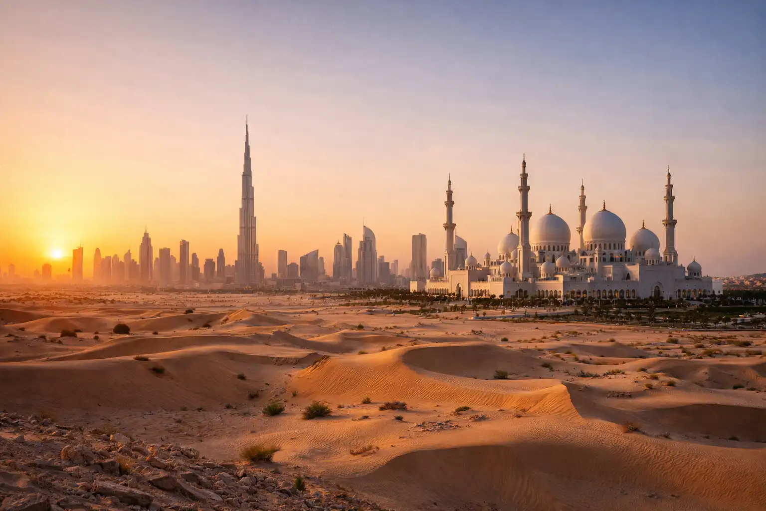 UAE landmarks including Dubai skyline and Sheikh Zayed Grand Mosque