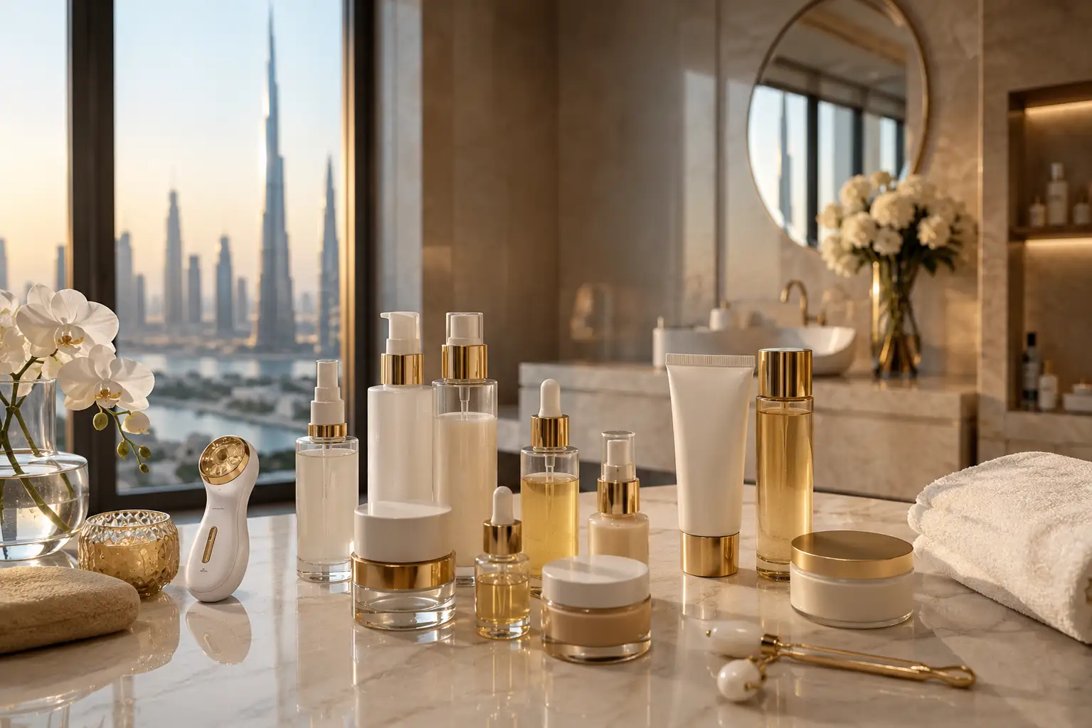 Premium skincare products displayed in a luxury beauty setting in UAE